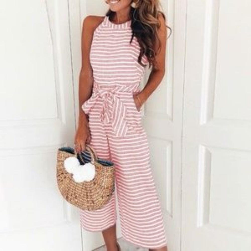 Pink Striped Halter Neck Wide Leg Jumpsuit Romper.
